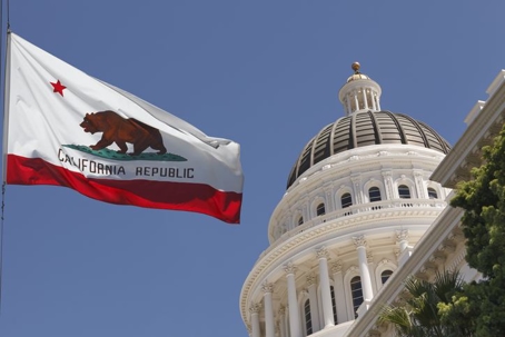 california state capital building with the state flag flying